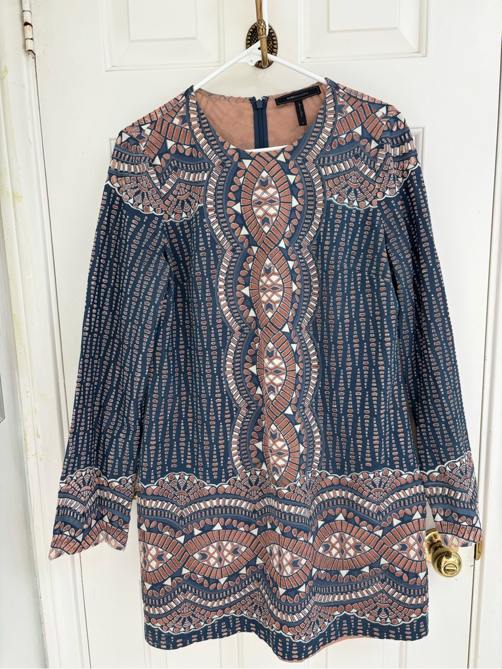 BCBGMaxAzria Blue and Rust Embroidered-Style Long Sleeve Tunic